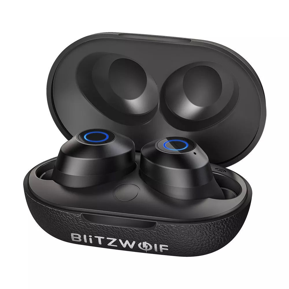 Black wireless earbuds with charging case on a white background, featuring the BlitzWolf brand.