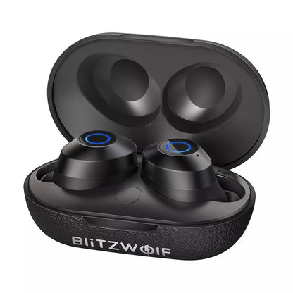 Black wireless earbuds with charging case on a white background, featuring the BlitzWolf brand.
