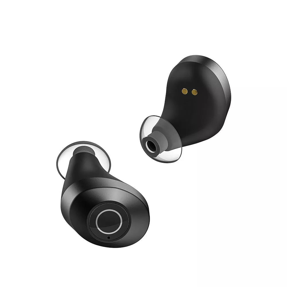 Black wireless earbuds on a white background