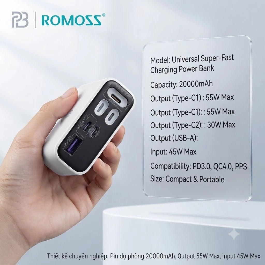 100% Original Romoss PAC20U-162 20000mAh Power Bank | 55W Adaptive Fast Charging | Unused Lot Stock (Without Cable & Box)100% Original Romoss PAC20U-162 20000mAh Power Bank | 55W Adaptive Fast Charging | Unused Lot Stock (Without Cable & Box)